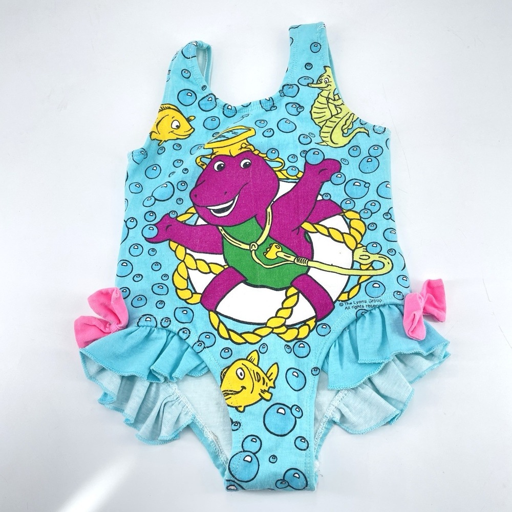 Barney Girls One Piece Swimsuit 12 Month Scuba Diving Fish Seahorse Ruffles Vtg